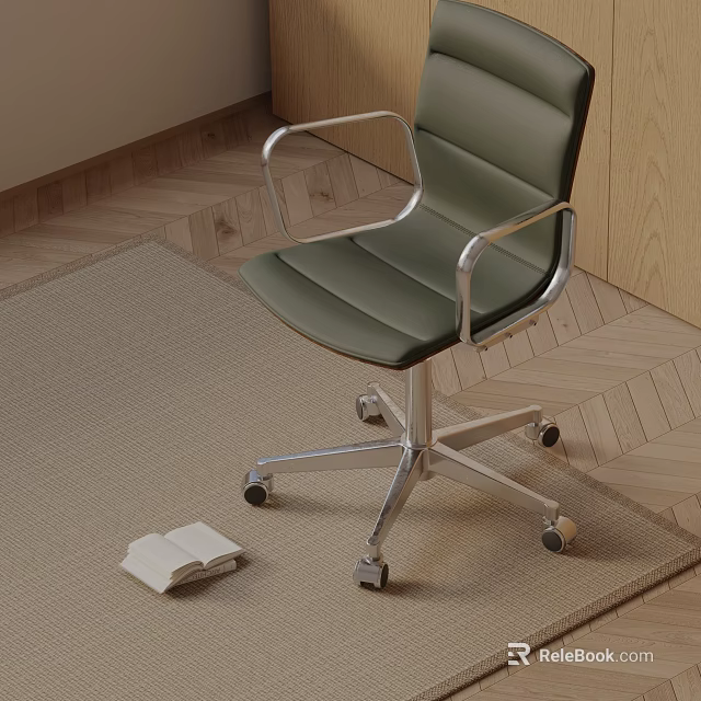 Green Leather Massage Chair With Silver Metal Frame On Carpet And Wooden Floor With Open Book Beside 3d model 