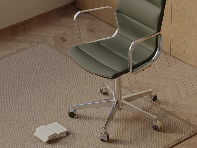 Green Leather Massage Chair With Silver Metal Frame On Carpet And Wooden Floor With Open Book Beside 3d model