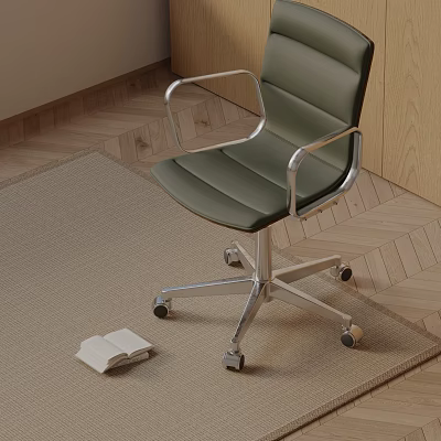 Green Leather Massage Chair With Silver Metal Frame On Carpet And Wooden Floor With Open Book Beside 3d model