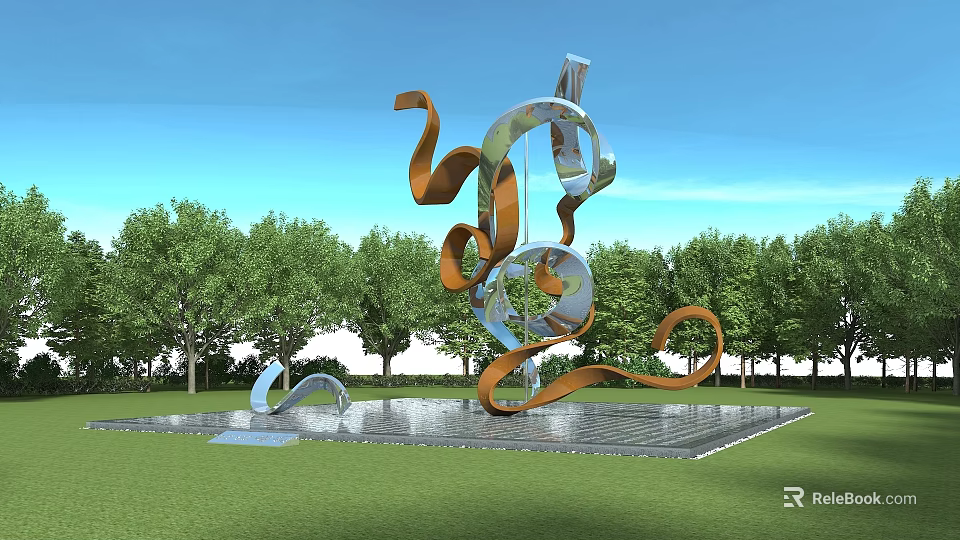 Modern Metal Sculpture With Curved Orange Silver Elements Surrounded By Trees Grass And Water Pool 3d model 