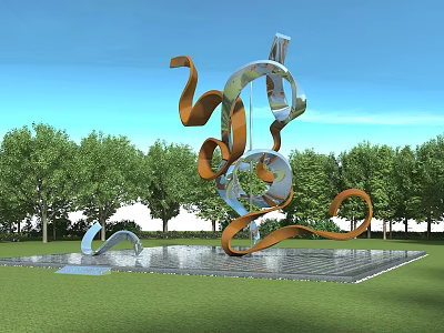 Modern Metal Sculpture With Curved Orange Silver Elements Surrounded By Trees Grass And Water Pool 3d model
