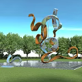 Modern Metal Sculpture With Curved Orange Silver Elements Surrounded By Trees Grass And Water Pool