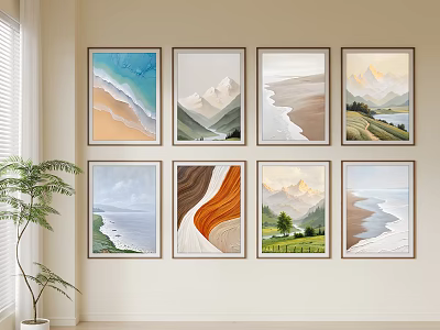Natural Landscape Wall Art With Mountain Beach Desert And Green Field For Modern Home 3d model