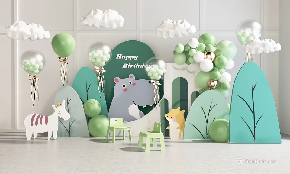 Vibrant Kids Birthday Party Setup With Green Balloons Cloud Decor And Cartoon Hippo Deer Zebra 3d model 