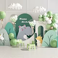 Vibrant Kids Birthday Party Setup With Green Balloons Cloud Decor And Cartoon Hippo Deer Zebra
