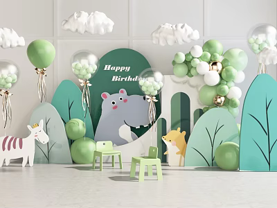 Vibrant Kids Birthday Party Setup With Green Balloons Cloud Decor And Cartoon Hippo Deer Zebra 3d model