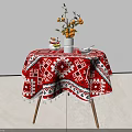 Dining Table With Red And White Geometric Patterned Tablecloth Tassels White Vase And Yellow Flowers