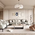 Cream Style Living Room Sofa Coffee Table Combination Single Person Sofa Background Wall Chandelier Side Table Hanging Picture 3d model