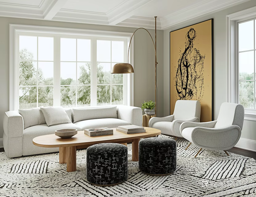 Stylish Living Room Interior With White Sofa White Armchairs Wooden Coffee Table And Abstract Painting 3d model 