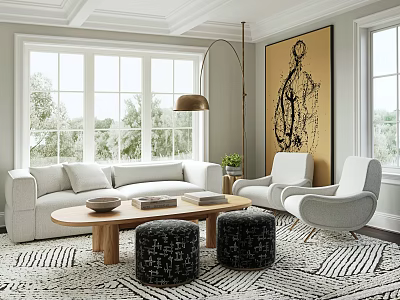 Stylish Living Room Interior With White Sofa White Armchairs Wooden Coffee Table And Abstract Painting 3d model