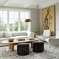 Stylish Living Room Interior With White Sofa White Armchairs Wooden Coffee Table And Abstract Painting
