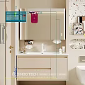 Beige Bathroom Vanity Cabinet with Mirror Cabinet Sink Faucet Toiletries and Toilet on Decorative Wall