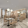 Modern Café Interior Design With Tables Chairs Hanging Pendant Lights And Tile Floor
