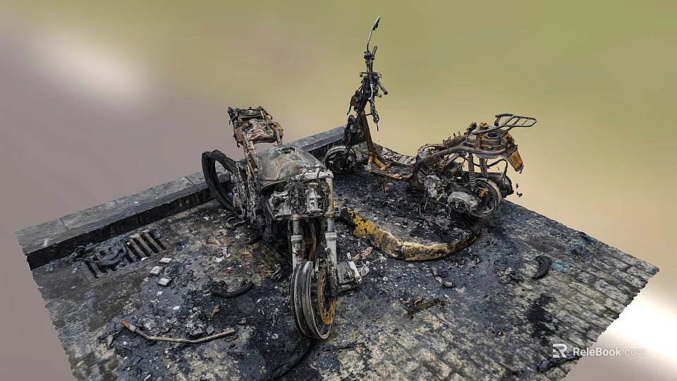 Burnt Motorcycle With Wreckage Ash And Debris In Post Fire Scene 3d model 