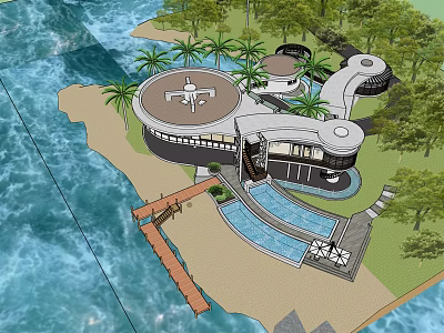Seaside Detached Villa With Palm Trees Swimming Pool And Wooden Dock 3d model