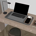 Wooden Desk with Laptop Lamp Mobile Phone Cups Notebook and Gray Chair