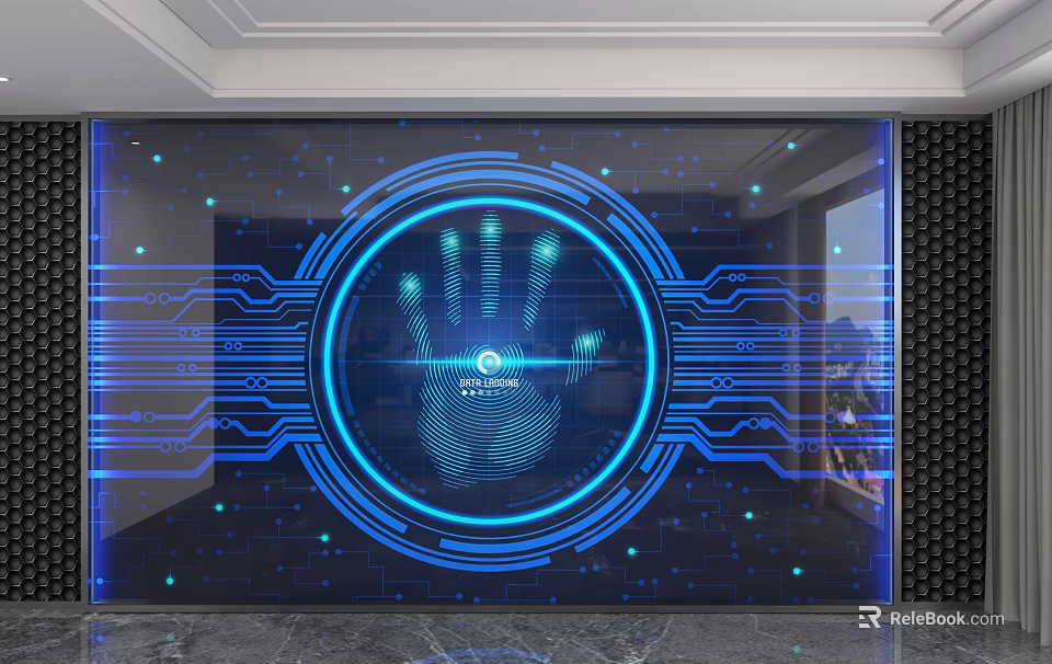 Tech Inspired Blue Digital Wall With Fingerprint Pattern Circuit Lines And Light Dots 3d model 