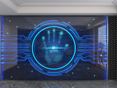 Tech Inspired Blue Digital Wall With Fingerprint Pattern Circuit Lines And Light Dots 3d model