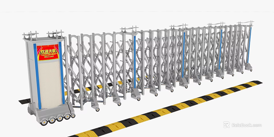 Sturdy Retractable Security Gate With Metal Frame Wheels And Yellow Black Warning Stripes 3d model 