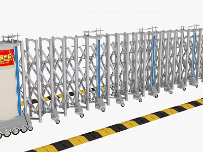 Sturdy Retractable Security Gate With Metal Frame Wheels And Yellow Black Warning Stripes 3d model