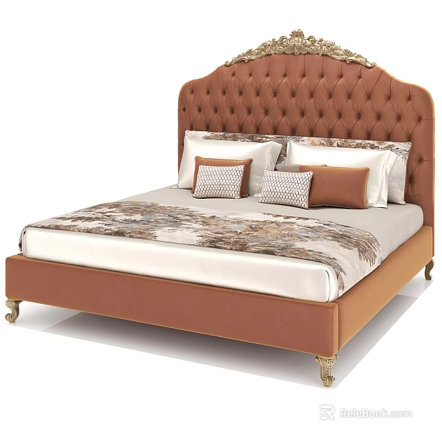 Luxury Brown Double Bed With Tufted Headboard Gold Legs Multiple Pillows And Patterned Bedspread 3d model