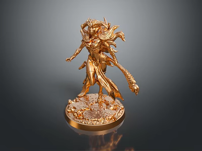 Golden Female Statue Featuring Flowing Hair And Scepter On Intricate Base 3d model