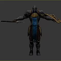 Fantasy Armored Character 3D Model With Arms Outstretched And Blue Gold Accents
