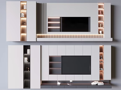 Modern TV Wall Unit Design With White Cabinetry LED Lighting And Open Shelves 3d model