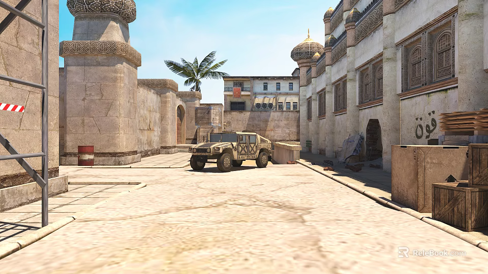 Middle Eastern Street Scene With Traditional Architecture Military Vehicle Palm Tree And Stone Pavement 3d model 