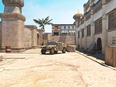 Middle Eastern Street Scene With Traditional Architecture Military Vehicle Palm Tree And Stone Pavement 3d model