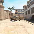 Middle Eastern Street Scene With Traditional Architecture Military Vehicle Palm Tree And Stone Pavement