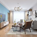 Modern Living and Dining Room Interior With Sofa Coffee Table And Decorative Paintings