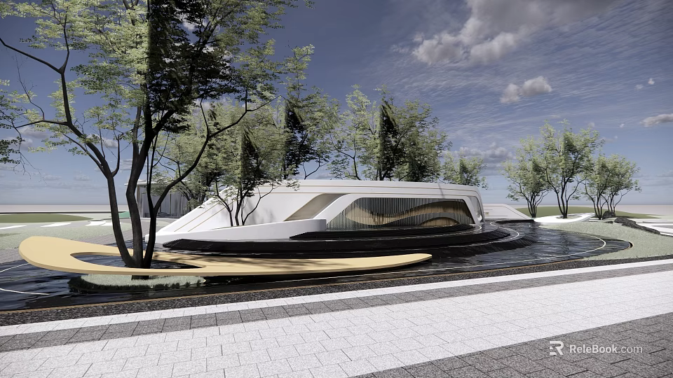 Curved Modern Scenic Wall Design With Trees Water Pool And Paved Ground 3d model