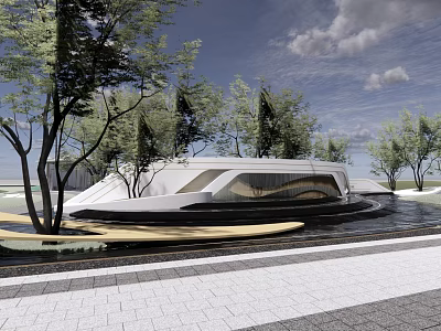 Curved Modern Scenic Wall Design With Trees Water Pool And Paved Ground 3d model