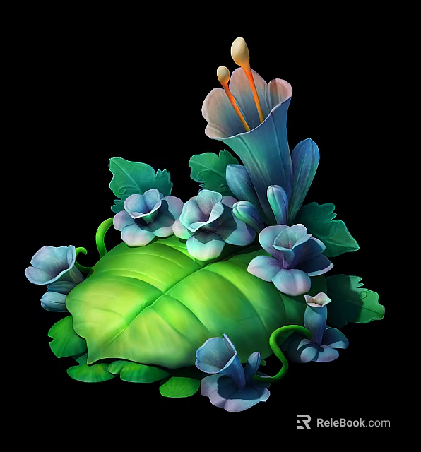 Vibrant Plant Arrangement with Large Green Leaves Small Purple Flowers and Blue Calla Lilies 3d model 