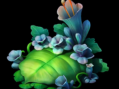 Vibrant Plant Arrangement with Large Green Leaves Small Purple Flowers and Blue Calla Lilies 3d model