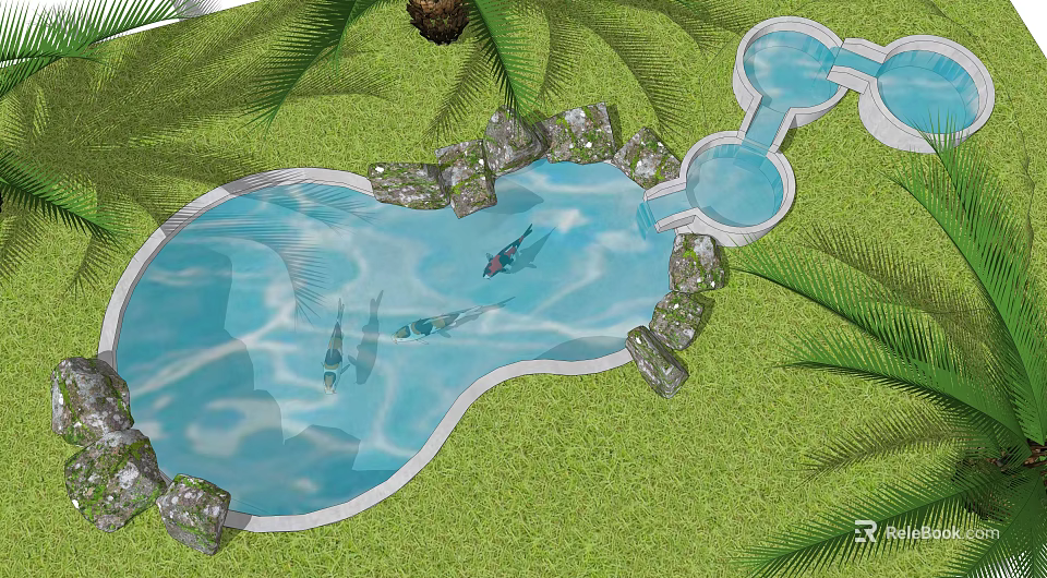 Garden Ornament with Blue Pond Fish Green Grass Rocks and Palm Leaves 3d model 