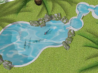 Garden Ornament with Blue Pond Fish Green Grass Rocks and Palm Leaves 3d model