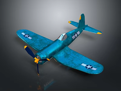 Vintage Blue Aerospace Propeller Aircraft Featuring Star Stripes Emblem And Yellow Tipped Wings Tail 3d model