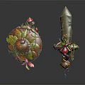 Mythical Snake Adorned Shield And Sword With Green Leaves Red Fruits And Mushrooms