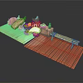 Traditional Bamboo Platform With Clay Pots Sacks And Rustic Decor Items 3d model
