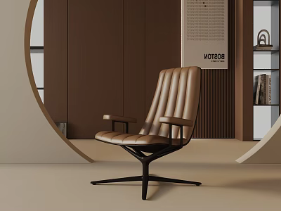 Modern Brown Leather Leisure Chair With Striped Backrest Black Star Base In Minimalist Interior 3d model