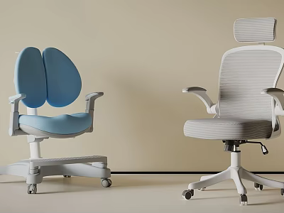 Modern Two Blue And Gray Office Chairs With Dual Back Mesh Design And Ergonomic Armrests 3d model