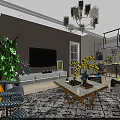 Modern Living Dining Room Open Concept With Gray Sofa Yellow Pillows Chandelier And Decorative Paintings