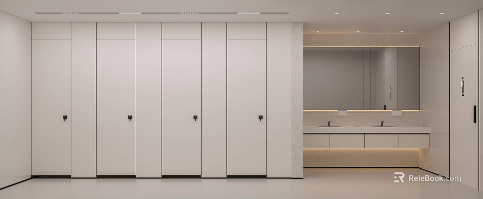 Modern Minimalist Public Toilet With Matte Partition Stalls And Tidy Integrated Hand Washing Counter Design 3d model 