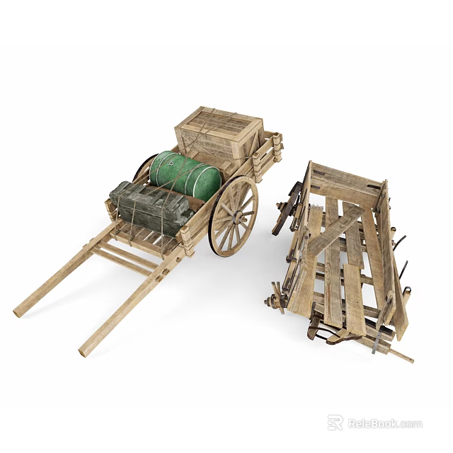 Vintage Wooden Wagon Design With Crates Green Barrel And Frame Structure 3d model 