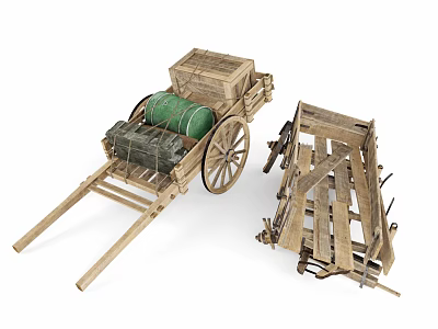 Vintage Wooden Wagon Design With Crates Green Barrel And Frame Structure 3d model