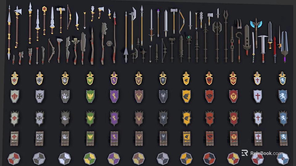 Various Weapons Including Swords Axes Spears Hammers and Decorative Shields with Diverse Designs 3d model 