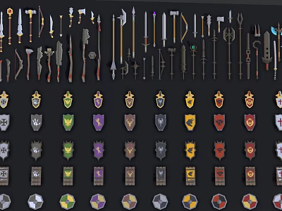 Various Weapons Including Swords Axes Spears Hammers and Decorative Shields with Diverse Designs 3d model