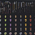 Various Weapons Including Swords Axes Spears Hammers and Decorative Shields with Diverse Designs